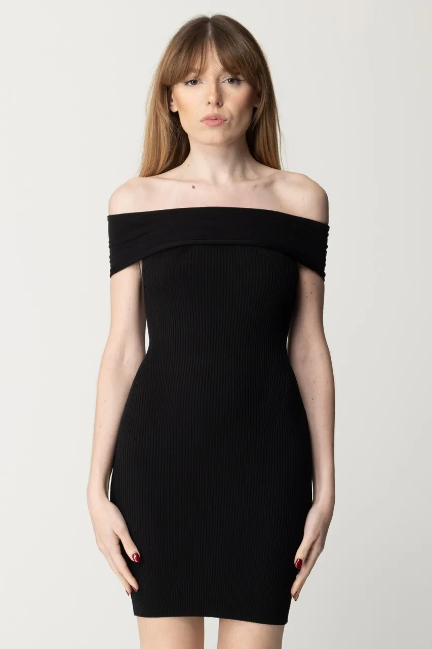 Abito in maglia a costine off-shoulder NERO LIMOUSINE