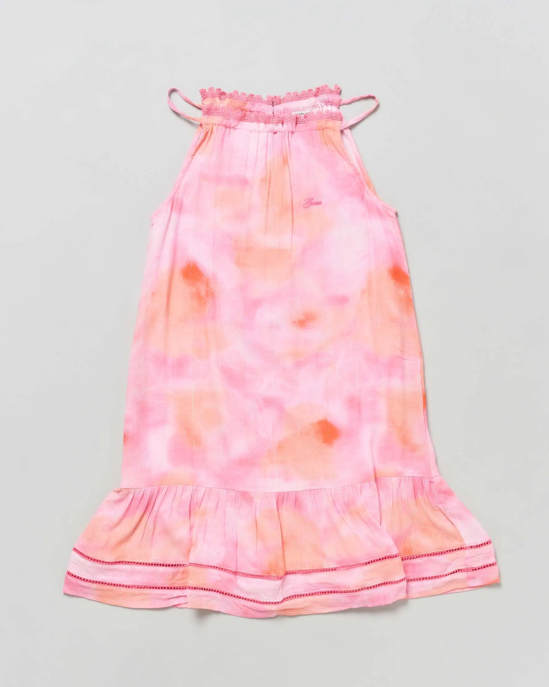 Abito smanicato in viscosa rosa e arancione tie-dye con balza al fondo 10-16 anni