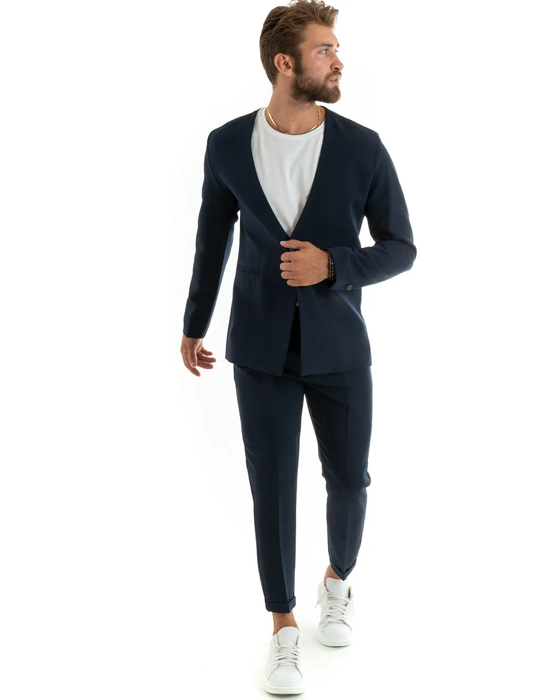 Abito Uomo Monopetto Vestito Viscosa Completo Giacca Pantaloni Blu Elegante Cerimonia GIOSAL-OU2406A