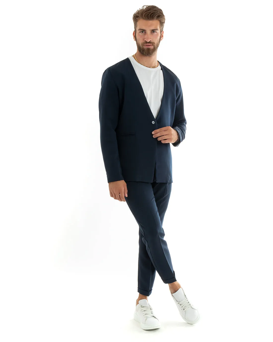 Abito Uomo Monopetto Vestito Viscosa Completo Giacca Pantaloni Blu Elegante Cerimonia GIOSAL-OU2406A