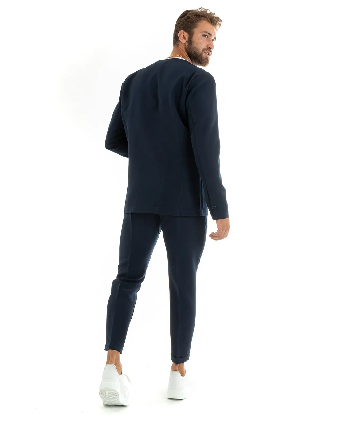 Abito Uomo Monopetto Vestito Viscosa Completo Giacca Pantaloni Blu Elegante Cerimonia GIOSAL-OU2406A
