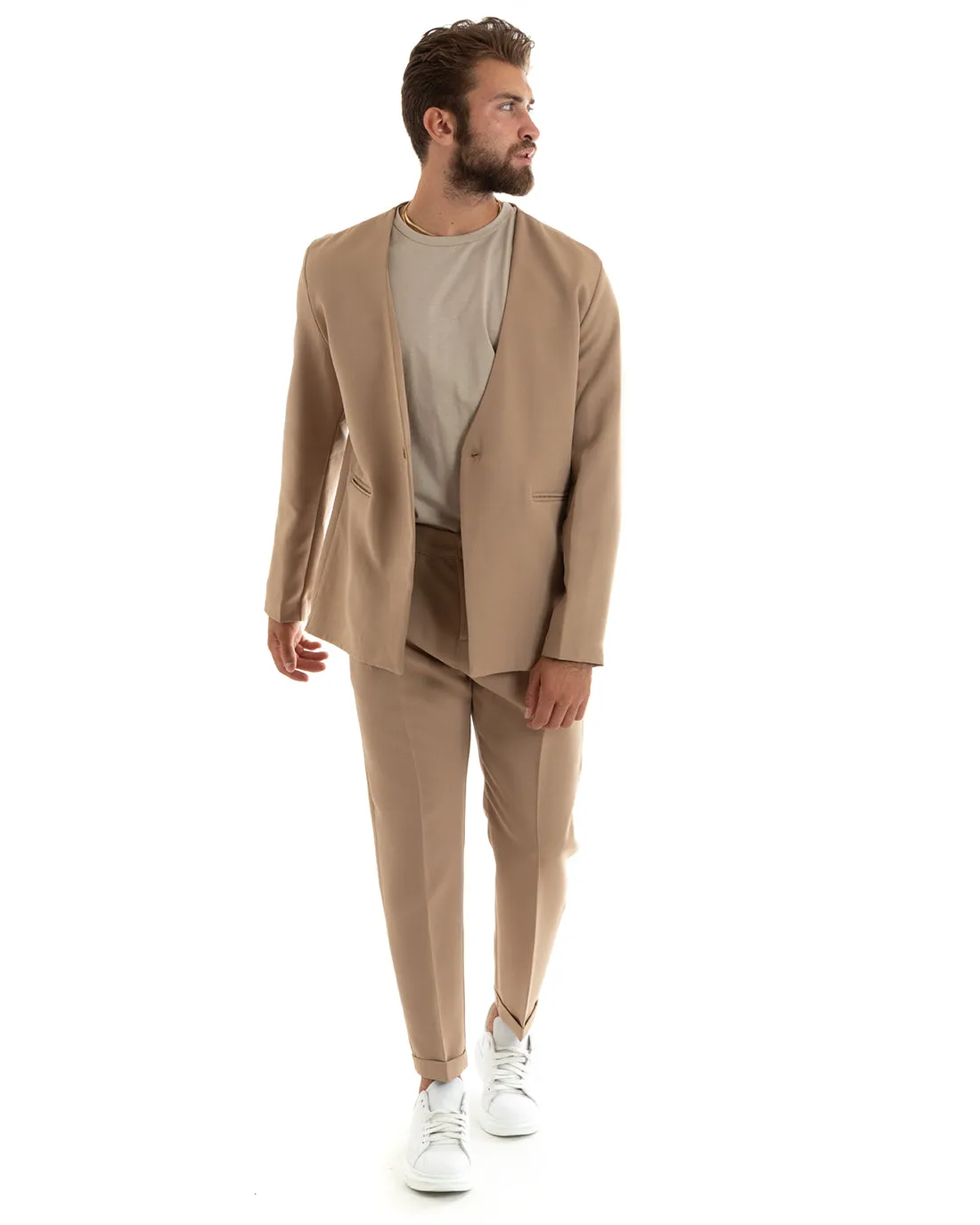 Abito Uomo Monopetto Vestito Viscosa Completo Giacca Pantaloni Camel Elegante Cerimonia GIOSAL-OU2409A