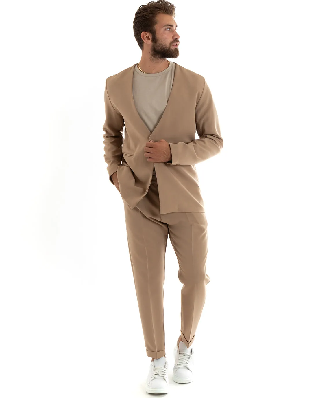 Abito Uomo Monopetto Vestito Viscosa Completo Giacca Pantaloni Camel Elegante Cerimonia GIOSAL-OU2409A