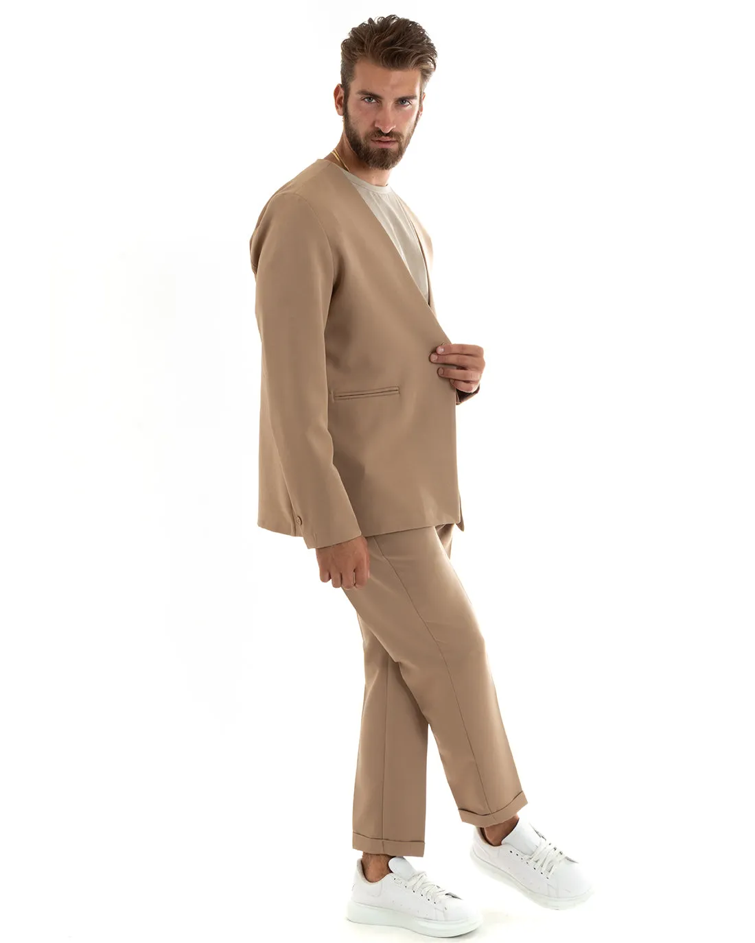 Abito Uomo Monopetto Vestito Viscosa Completo Giacca Pantaloni Camel Elegante Cerimonia GIOSAL-OU2409A
