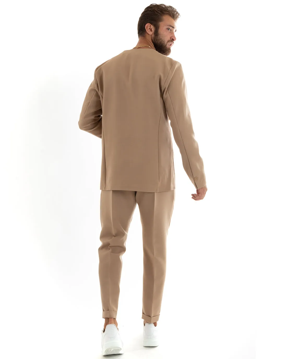 Abito Uomo Monopetto Vestito Viscosa Completo Giacca Pantaloni Camel Elegante Cerimonia GIOSAL-OU2409A