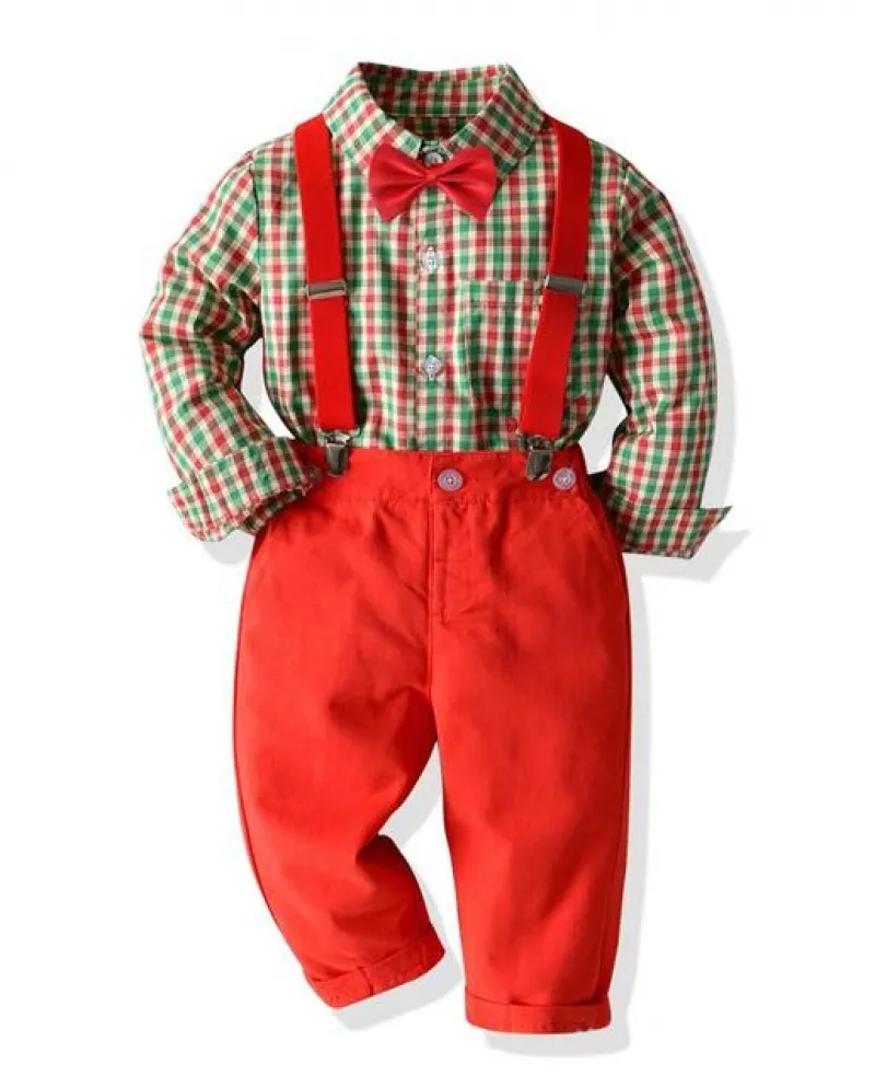 Autunno Ragazzo Vestiti Vestito Per I Bambini Vestito Di Natale Camicia A Quadri Cintura Rossa Pantaloni Bambini Maniche Lunghe
