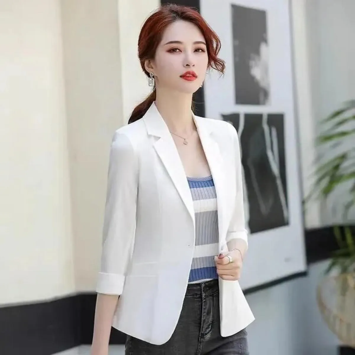 Blazer da donna da ufficio a bottone singolo Nuovo abito estivo con maniche a tre quarti Blazer da donna Giacca autunnale Top fe