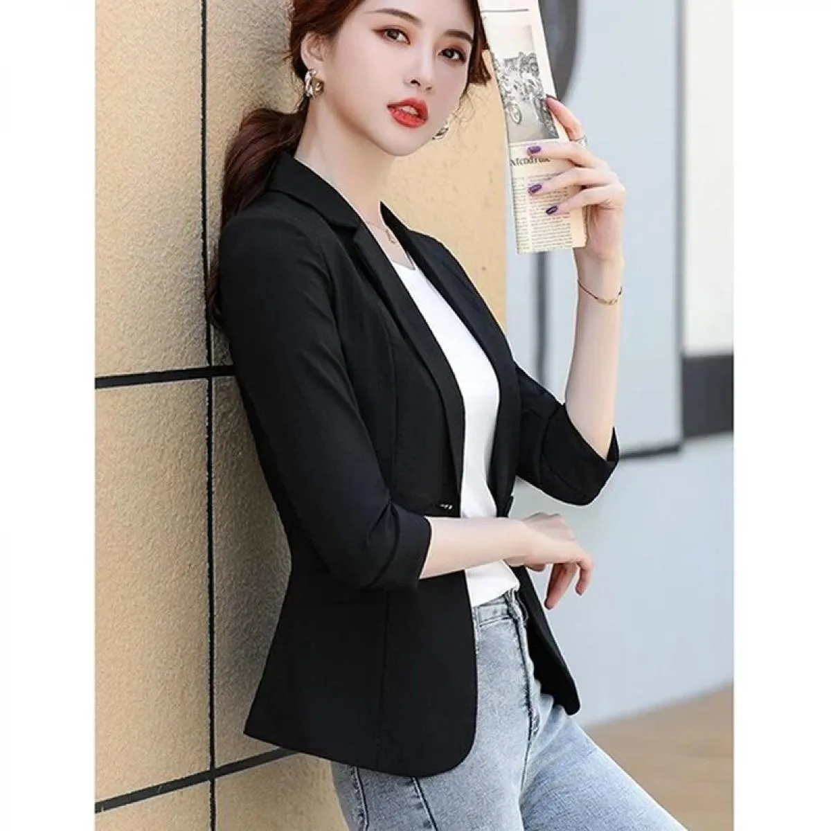 Blazer da donna da ufficio a bottone singolo Nuovo abito estivo con maniche a tre quarti Blazer da donna Giacca autunnale Top fe