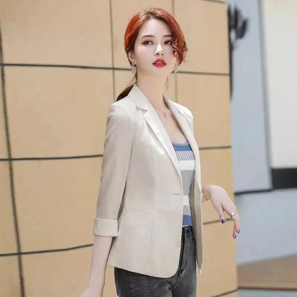 Blazer da donna da ufficio a bottone singolo Nuovo abito estivo con maniche a tre quarti Blazer da donna Giacca autunnale Top fe