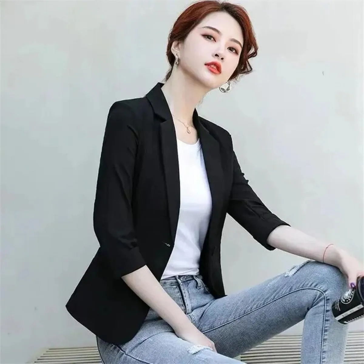 Blazer da donna da ufficio a bottone singolo Nuovo abito estivo con maniche a tre quarti Blazer da donna Giacca autunnale Top fe