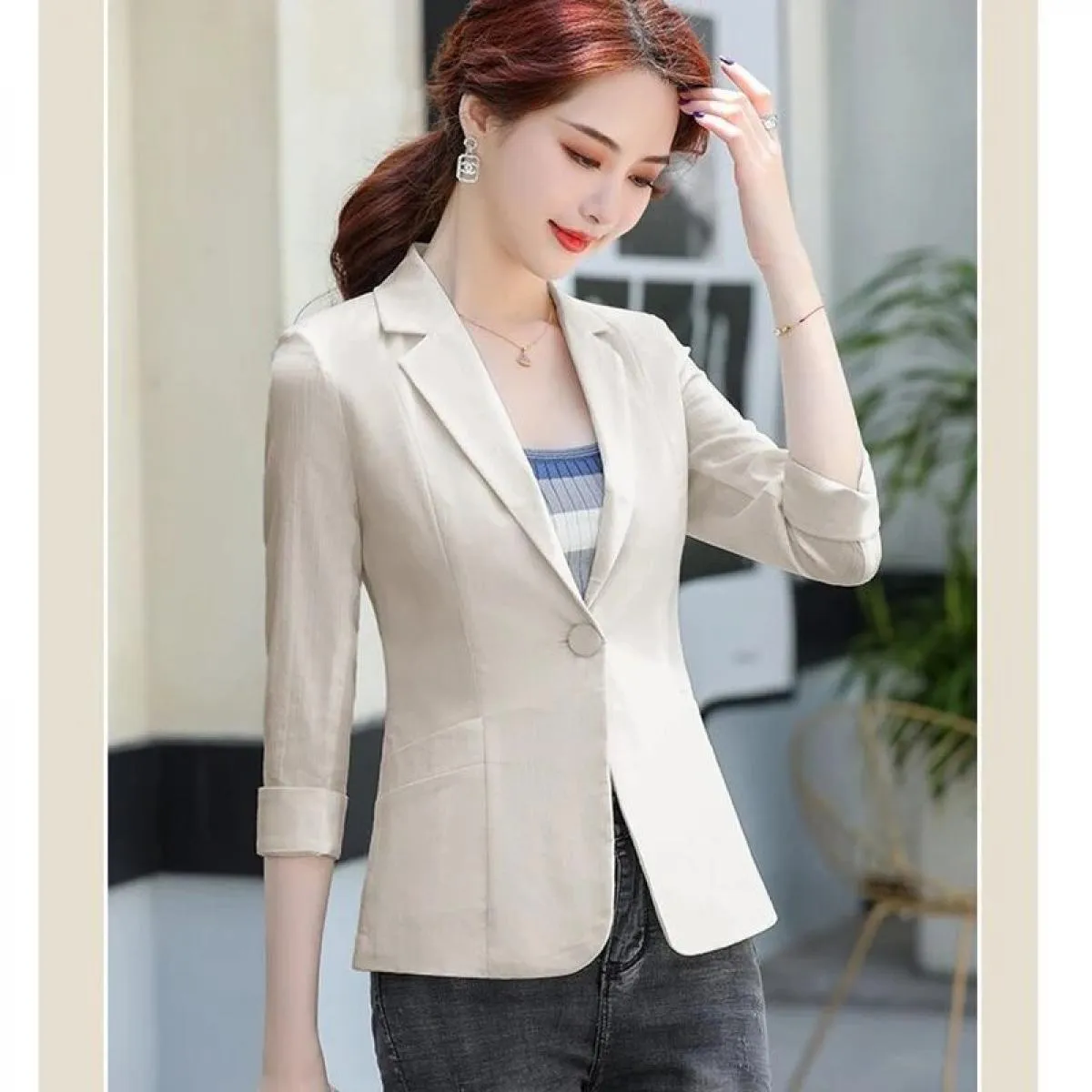 Blazer da donna da ufficio a bottone singolo Nuovo abito estivo con maniche a tre quarti Blazer da donna Giacca autunnale Top fe