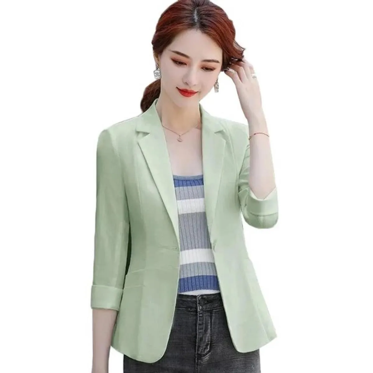 Blazer da donna da ufficio a bottone singolo Nuovo abito estivo con maniche a tre quarti Blazer da donna Giacca autunnale Top fe