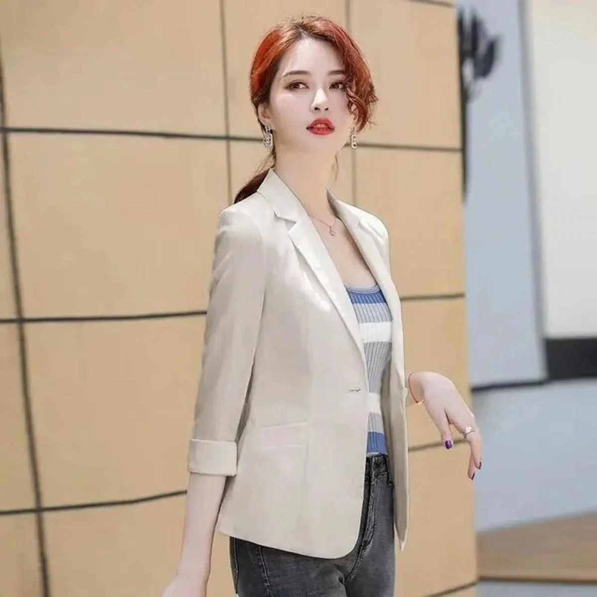 Blazer da donna da ufficio a bottone singolo Nuovo abito estivo con maniche a tre quarti Blazer da donna Giacca autunnale Top fe