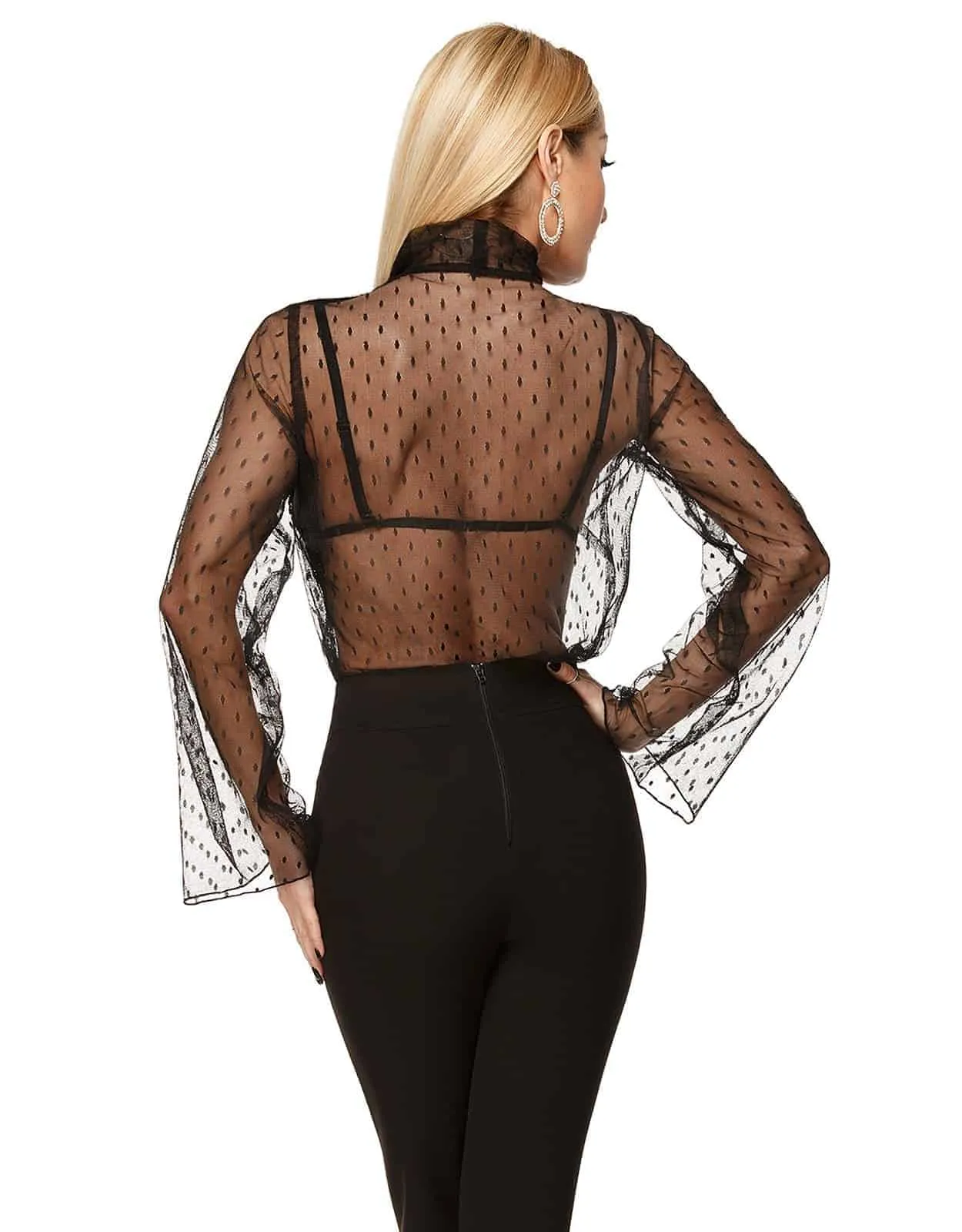 Blusa elegante in pizzo nero in fantasia a pois
