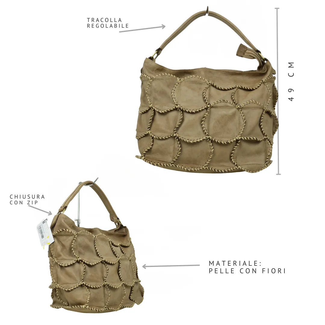 Borsa Donna con Fiori di Pelle Taupe Made in Italy