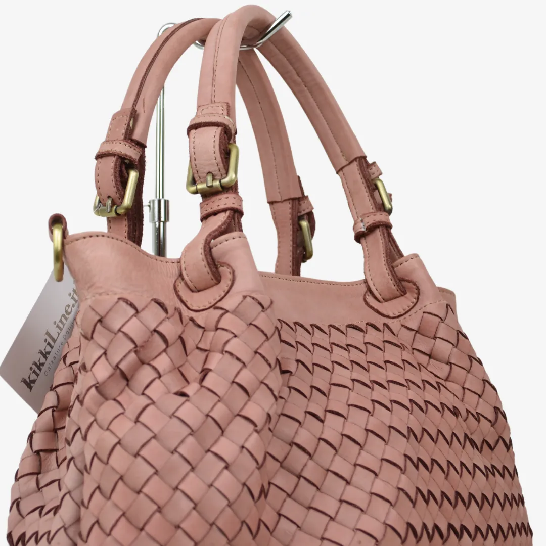 Borsa Intrecciata in Vera Pelle Nappa Cipria Intrecciata con Tracolla
