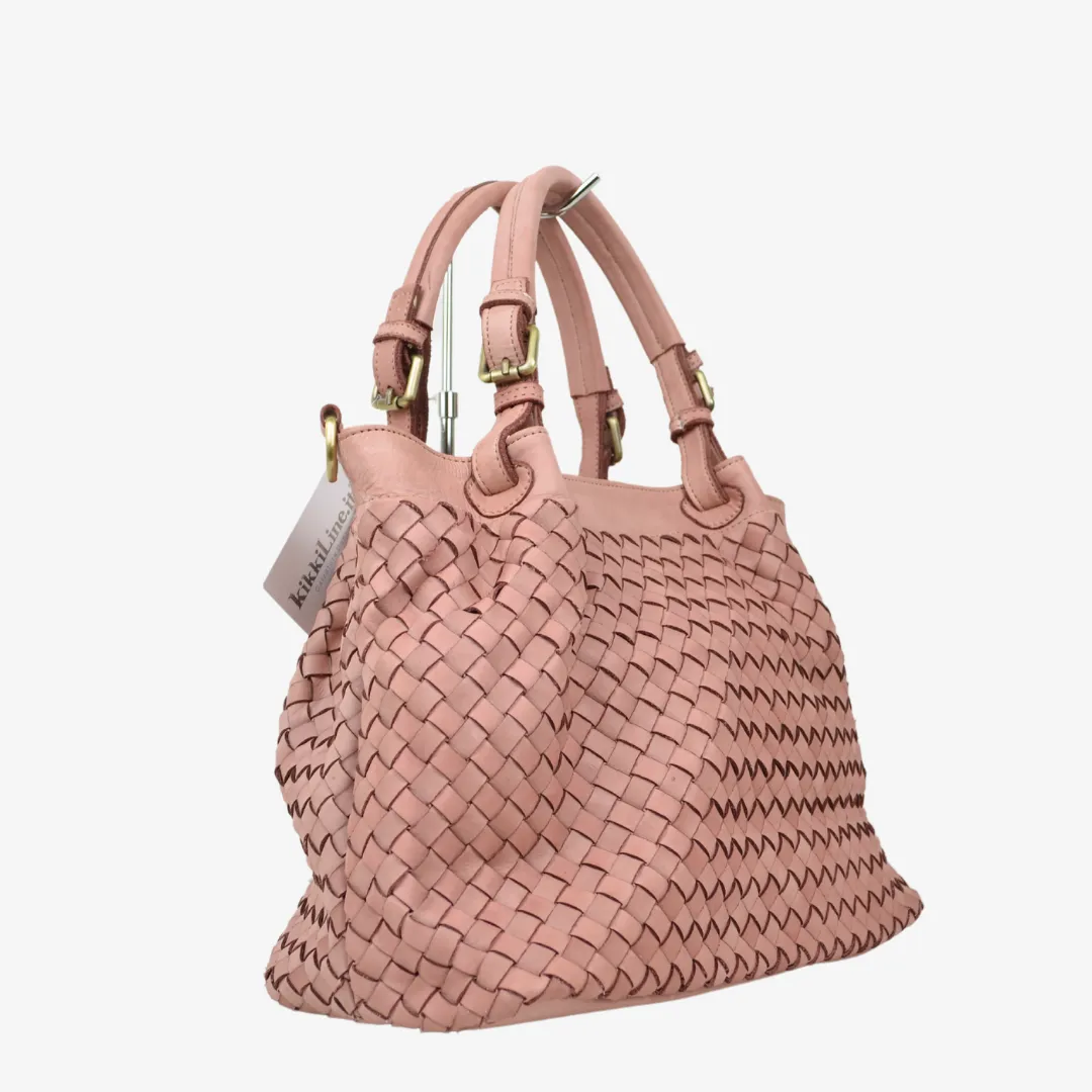Borsa Intrecciata in Vera Pelle Nappa Cipria Intrecciata con Tracolla