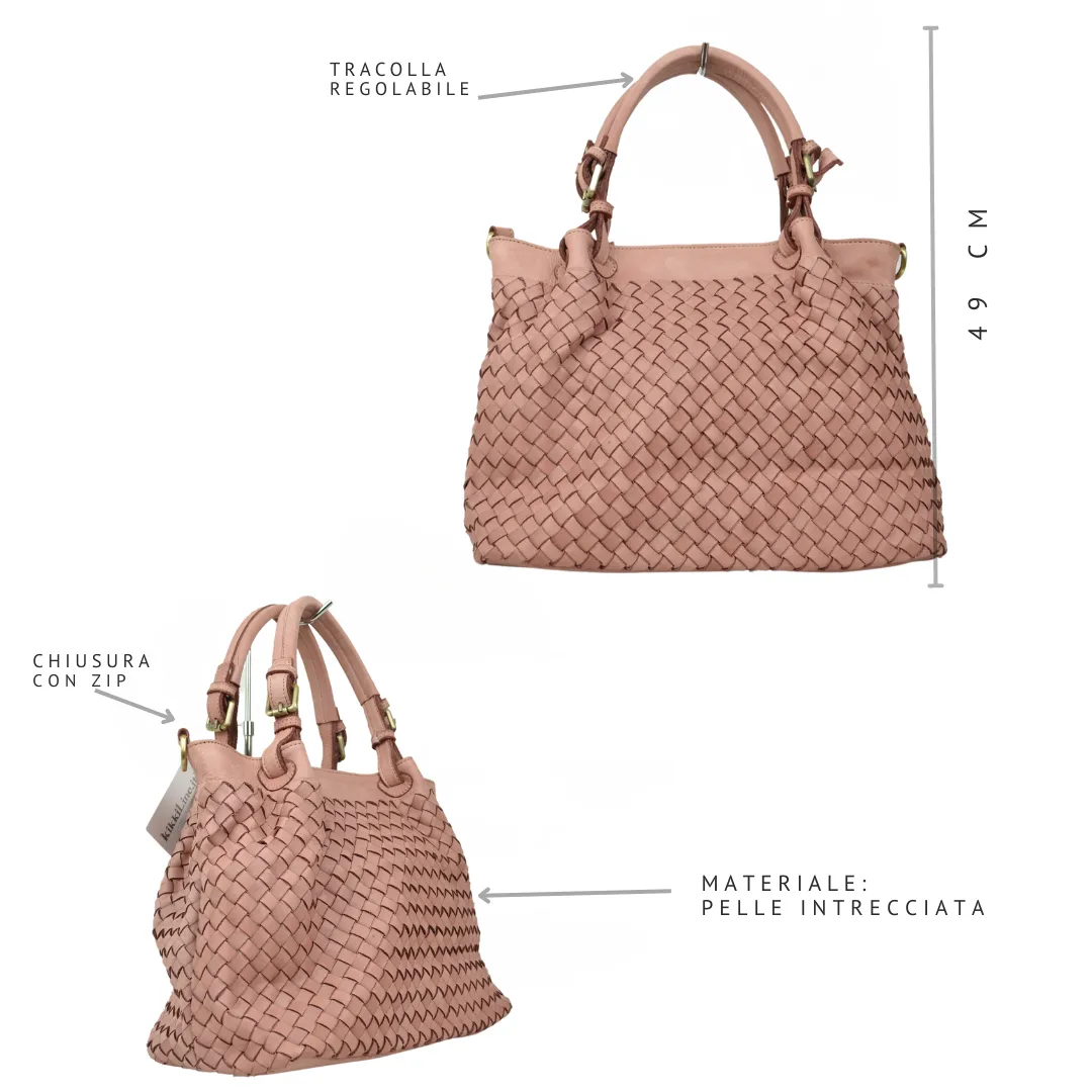 Borsa Intrecciata in Vera Pelle Nappa Cipria Intrecciata con Tracolla