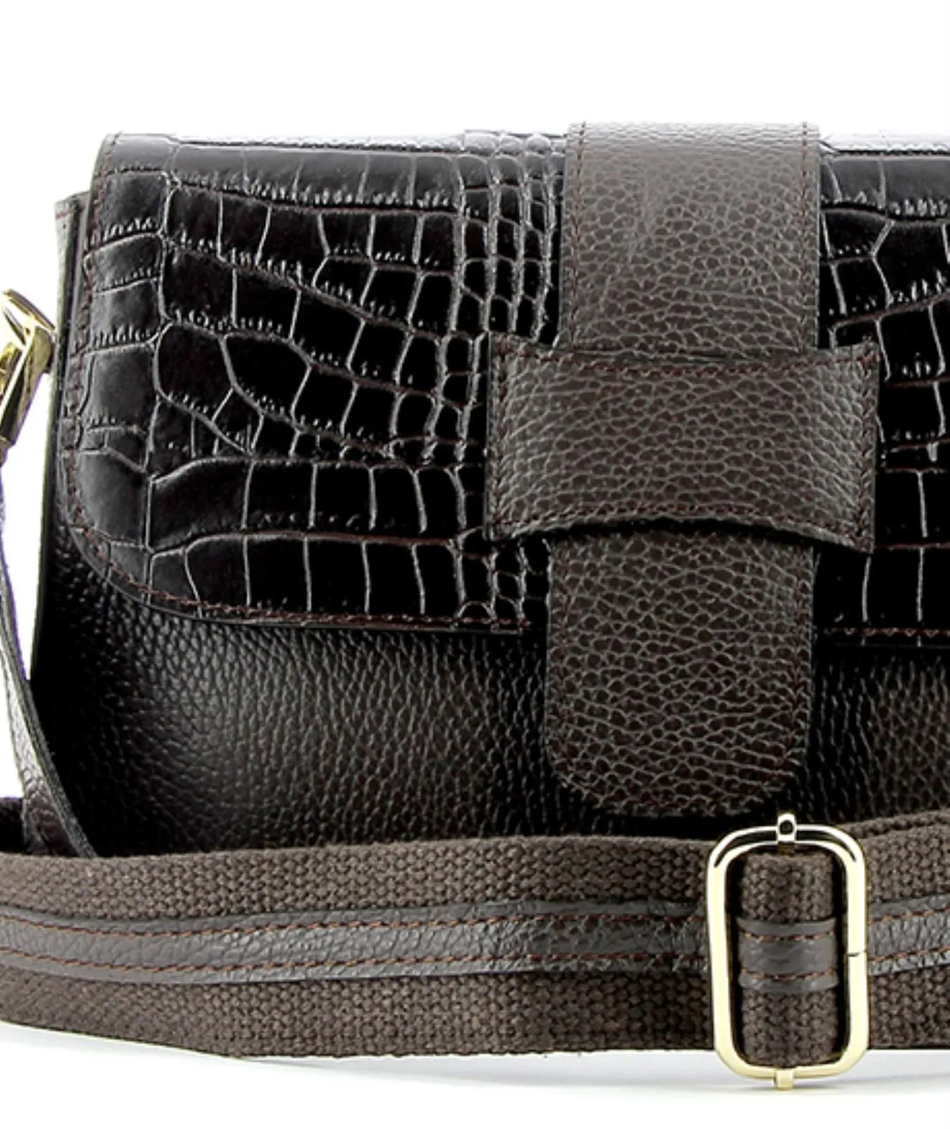 Borsetta marrone in pelle con tracolla in tessuto