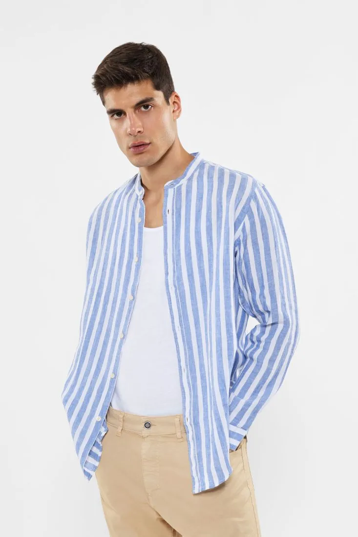 Camicia coreana in lino rigato