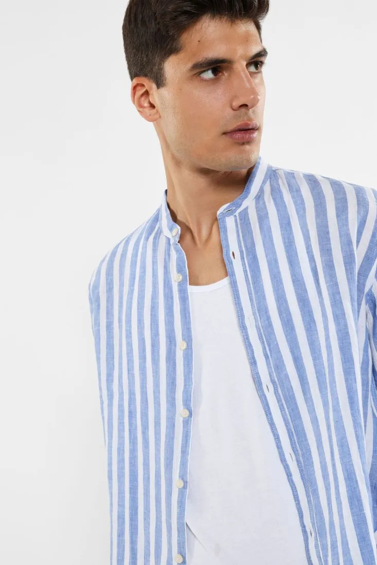Camicia coreana in lino rigato