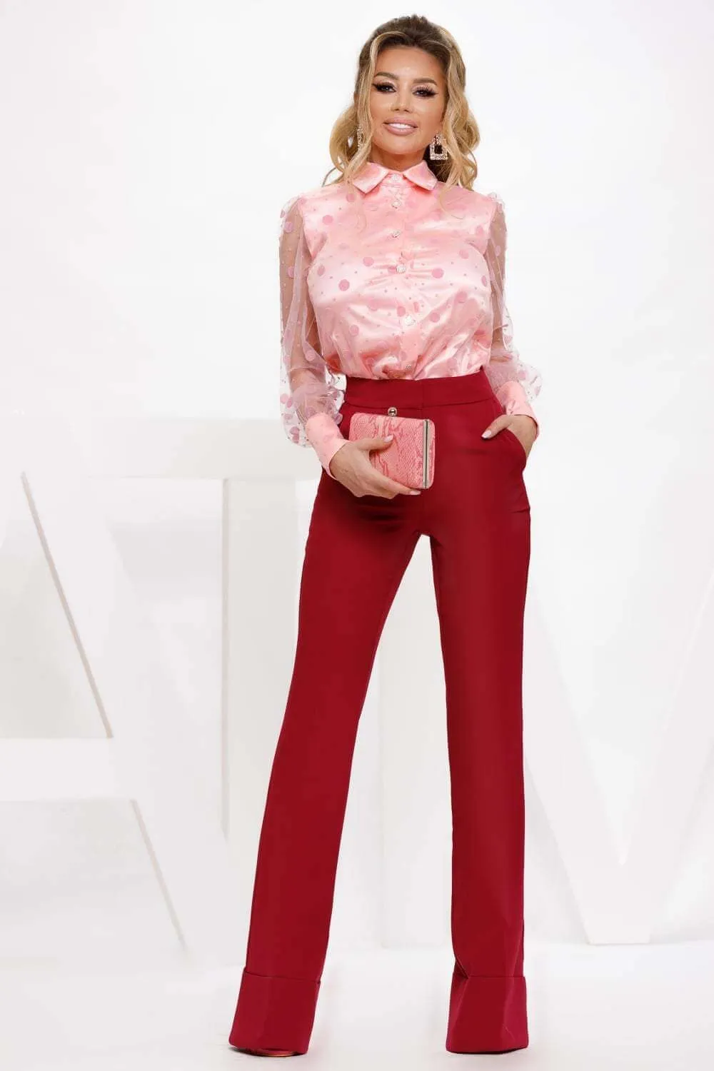 Camicia elegante rosa in tulle a pois grandi con corpetto in raso Atmosphere accessoriata con bottoni in strass