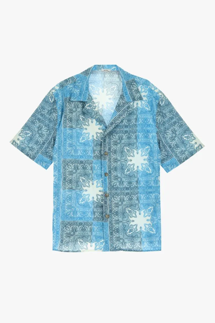 Camicia fantasia astratta in puro cotone con maniche corte