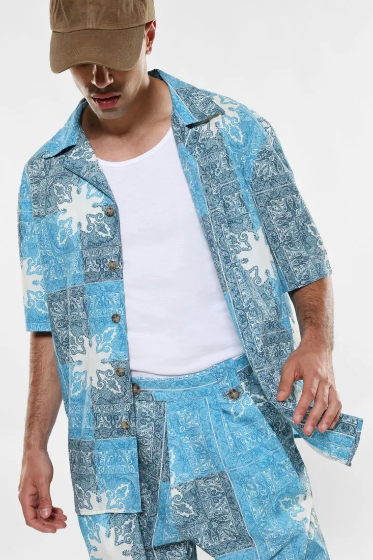 Camicia fantasia astratta in puro cotone con maniche corte