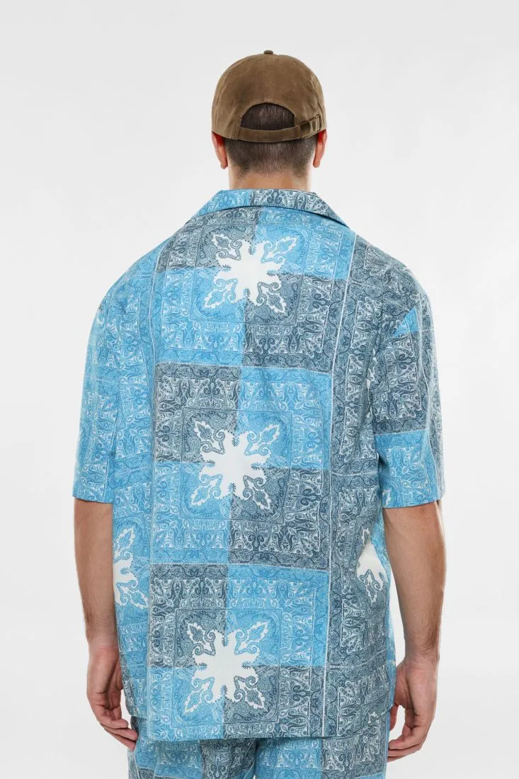 Camicia fantasia astratta in puro cotone con maniche corte
