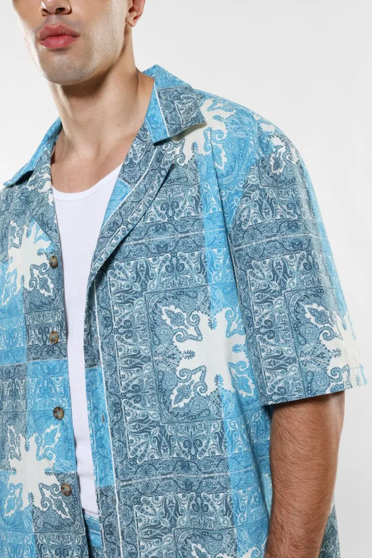 Camicia fantasia astratta in puro cotone con maniche corte