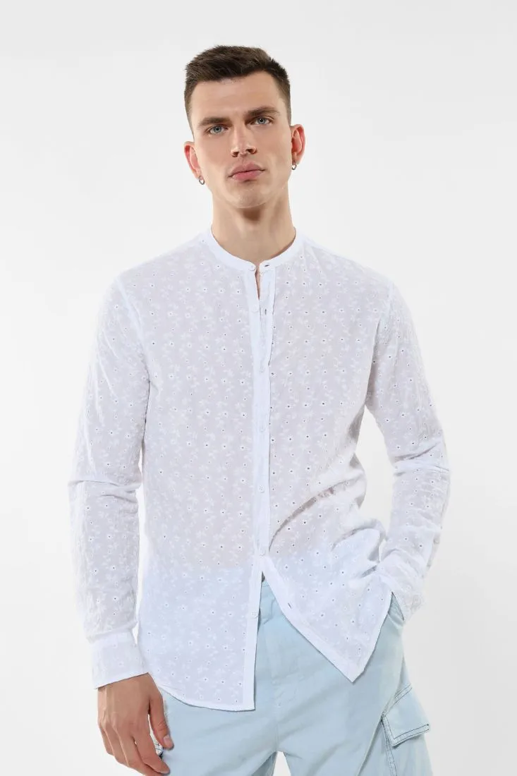 Camicia ricamata in puro cotone con colletto alla coreana