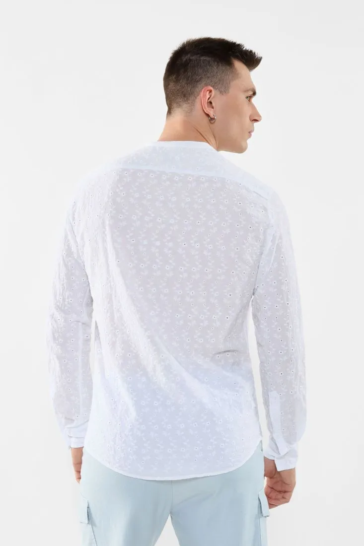Camicia ricamata in puro cotone con colletto alla coreana