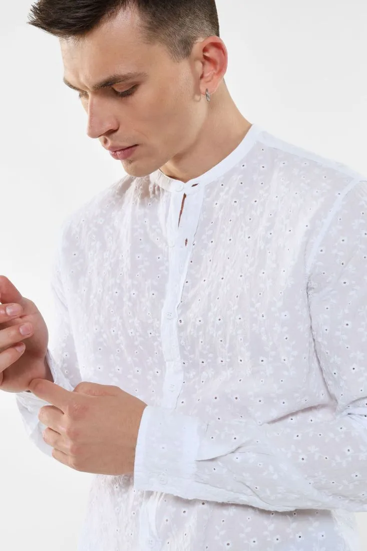Camicia ricamata in puro cotone con colletto alla coreana