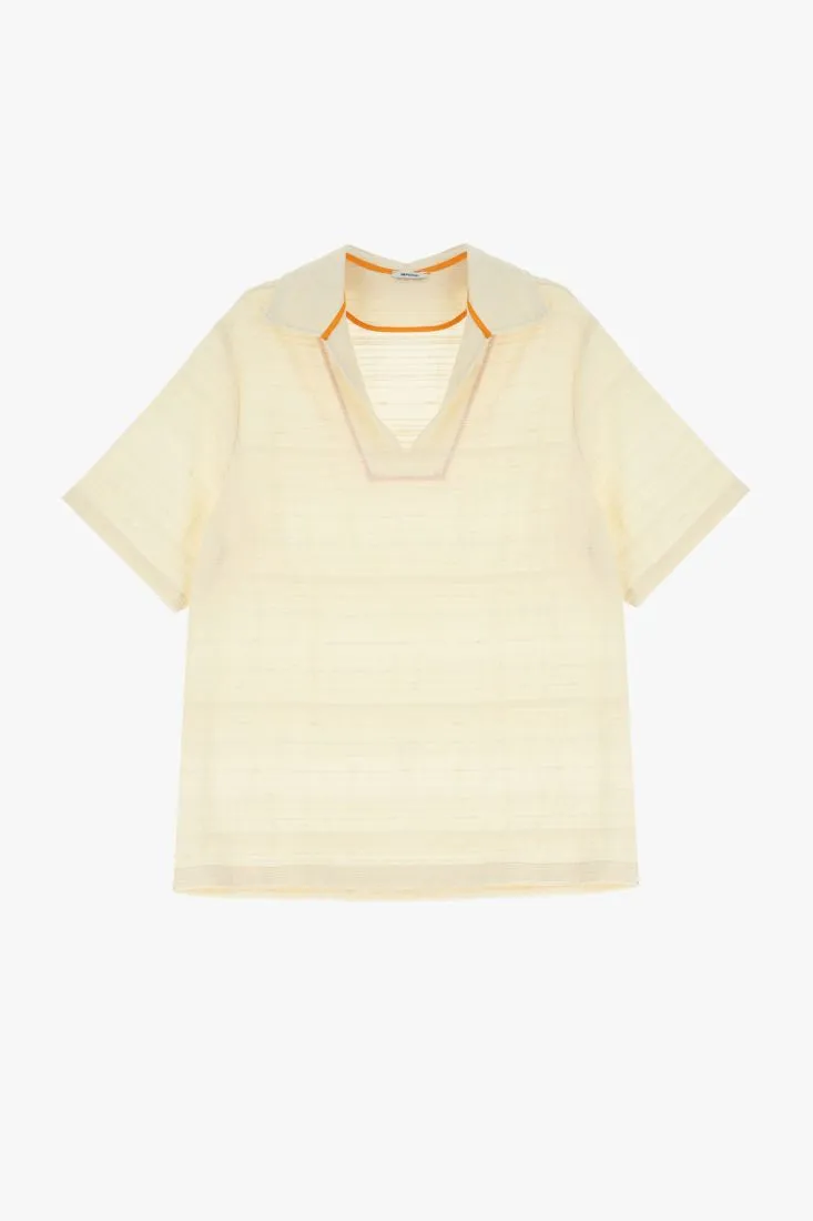 Camicia rigata in puro cotone con scollo a V