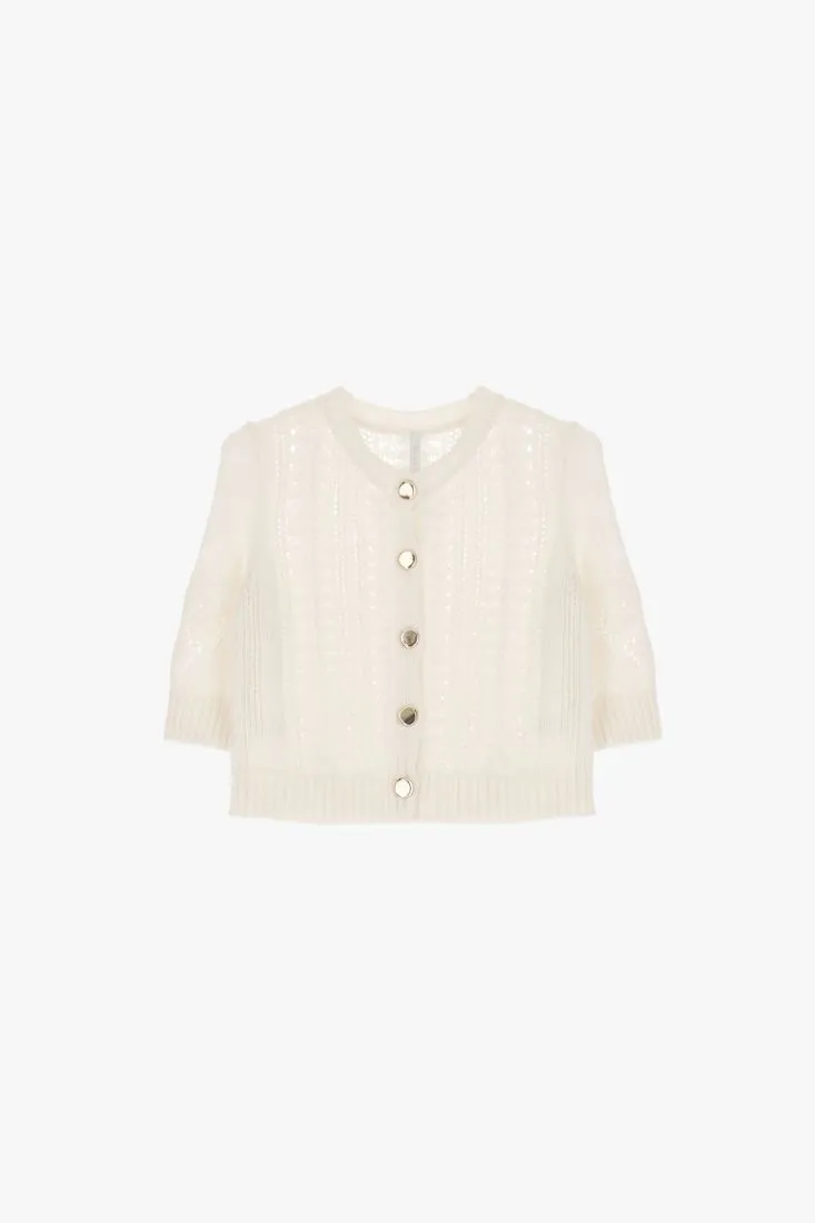 Cardigan cropped monocolour con lavorazione intrecciata