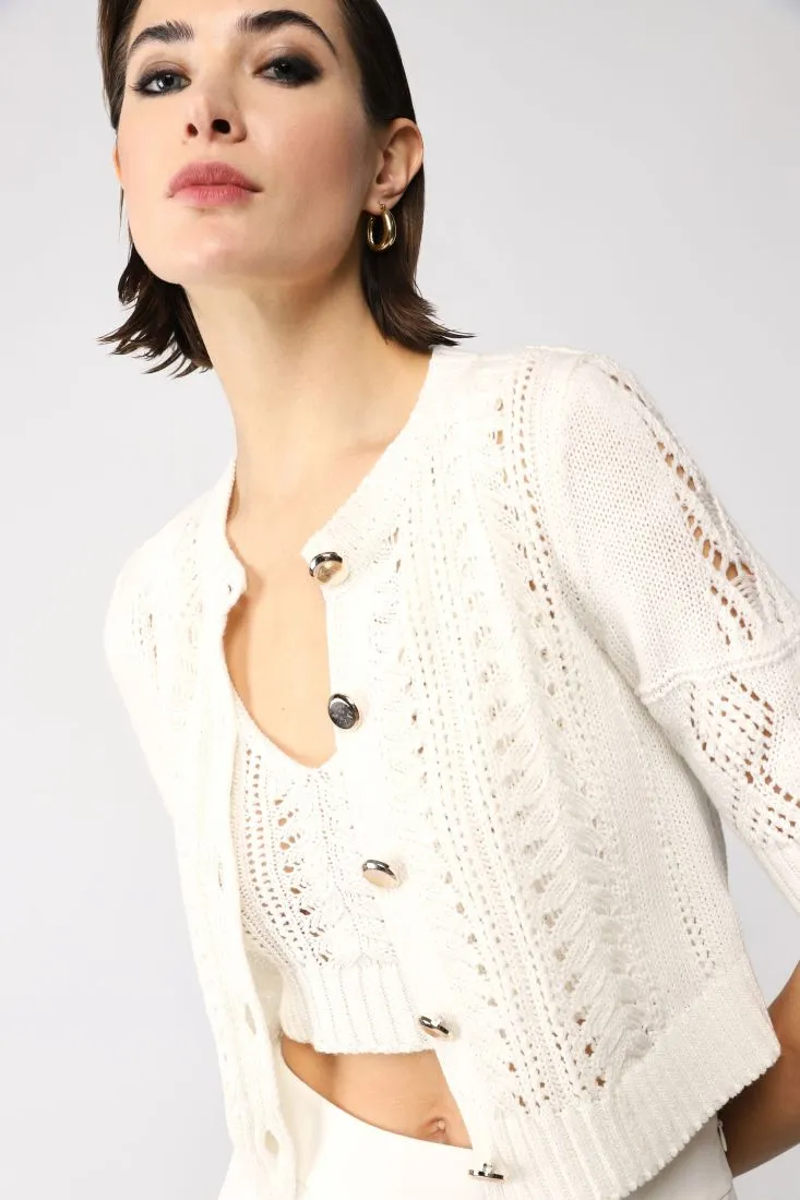 Cardigan cropped monocolour con lavorazione intrecciata
