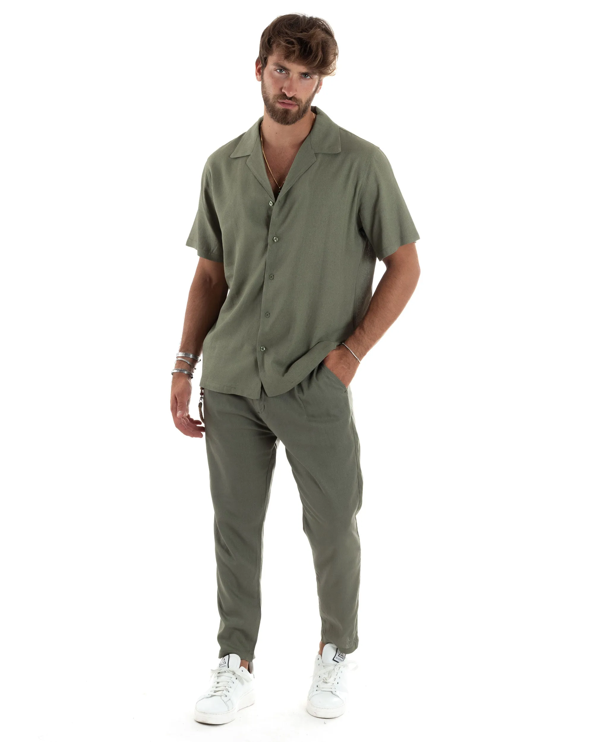 Completo Set Coordinato Uomo Lino Camicia Mezze Maniche Colletto Bowling Pantaloni Classici Con Pinces Outfit Casual Regular Fit