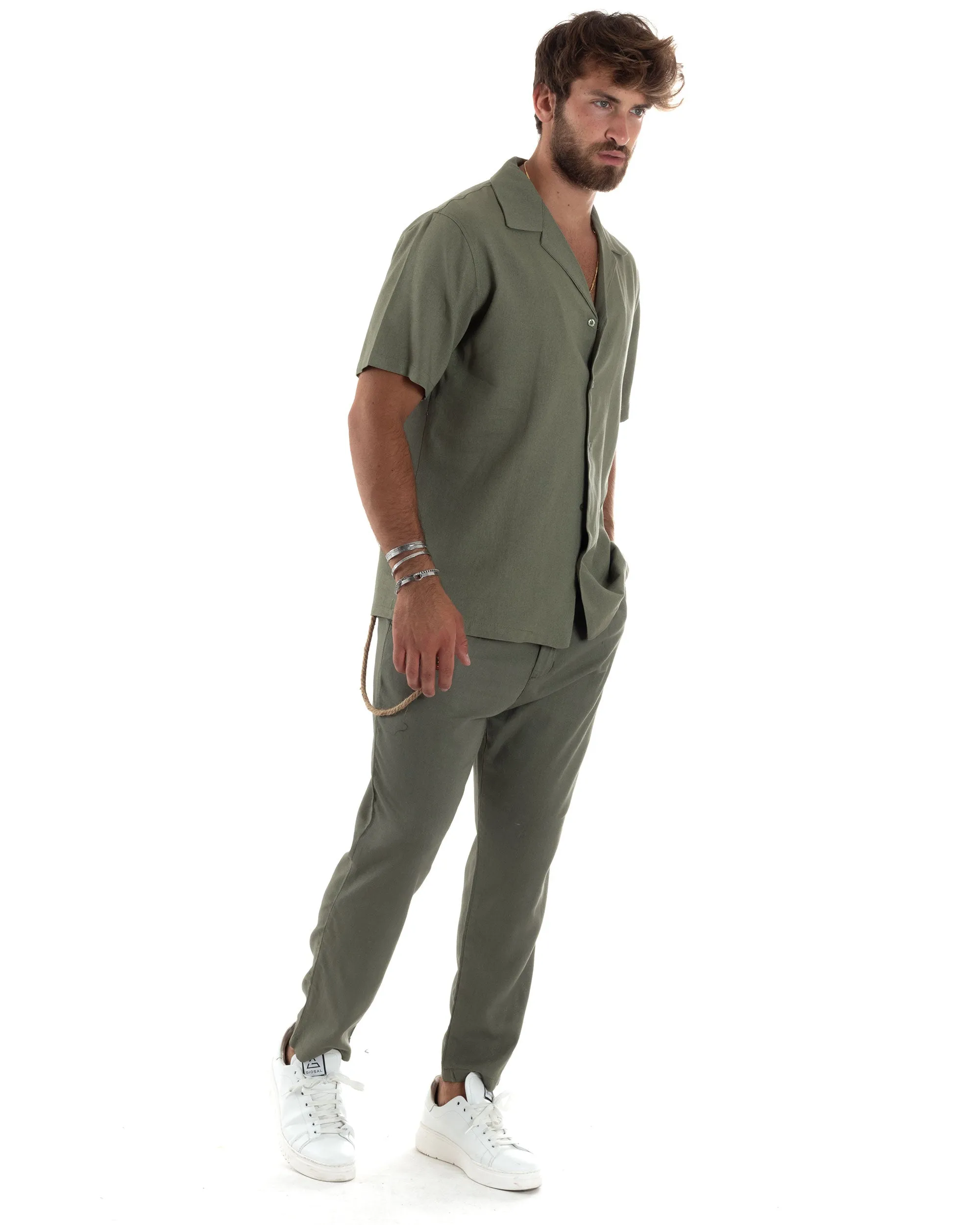 Completo Set Coordinato Uomo Lino Camicia Mezze Maniche Colletto Bowling Pantaloni Classici Con Pinces Outfit Casual Regular Fit