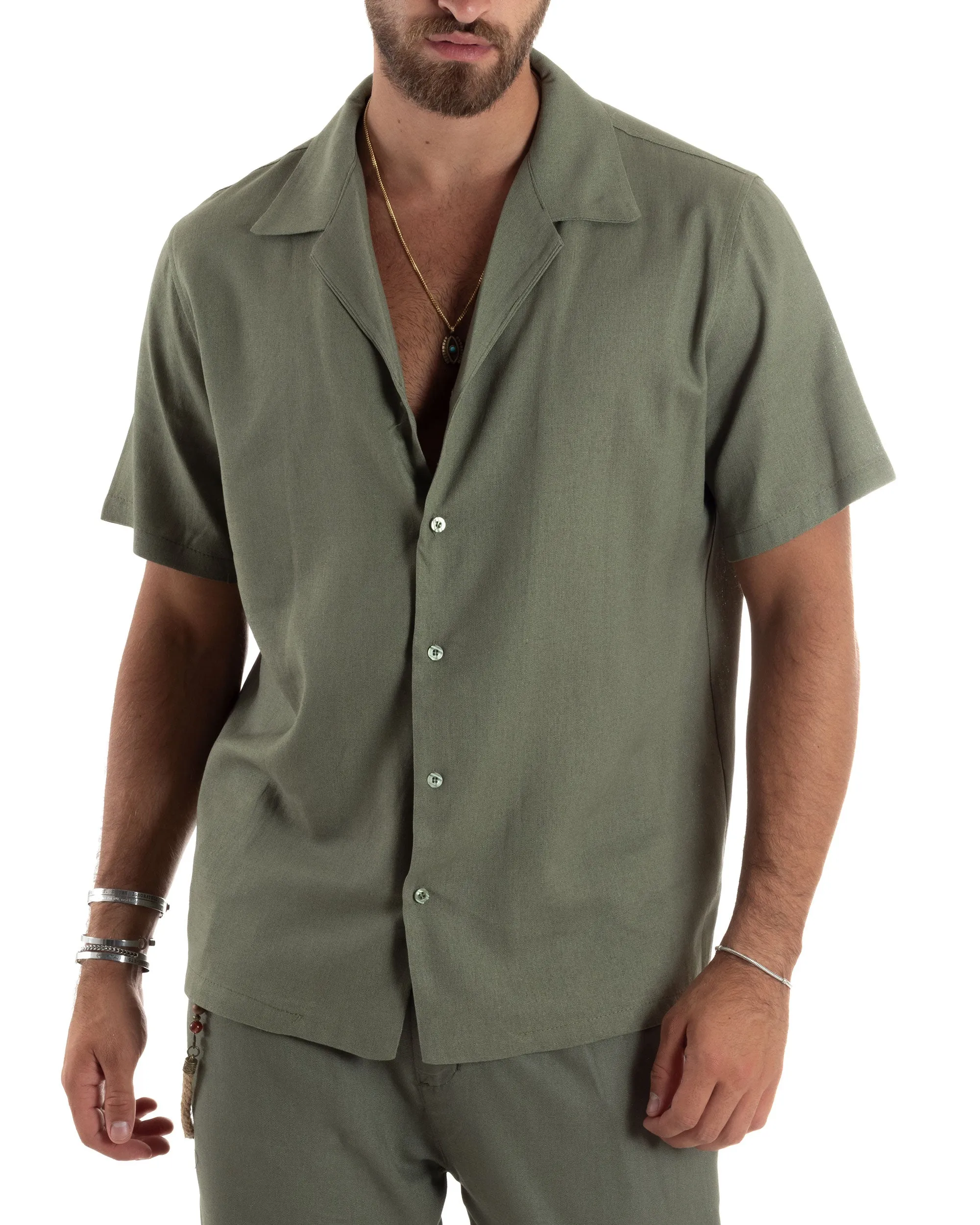 Completo Set Coordinato Uomo Lino Camicia Mezze Maniche Colletto Bowling Pantaloni Classici Con Pinces Outfit Casual Regular Fit