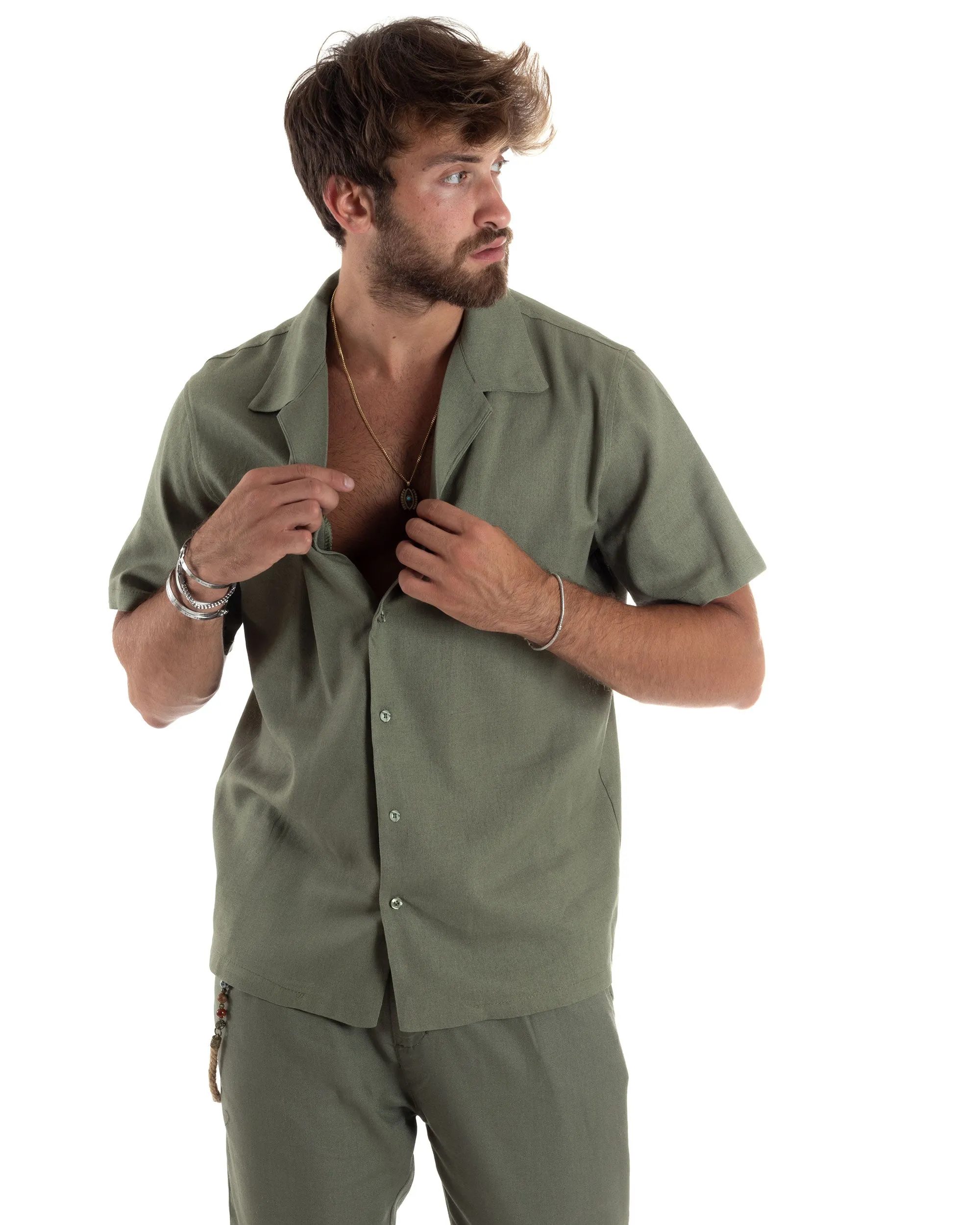 Completo Set Coordinato Uomo Lino Camicia Mezze Maniche Colletto Bowling Pantaloni Classici Con Pinces Outfit Casual Regular Fit
