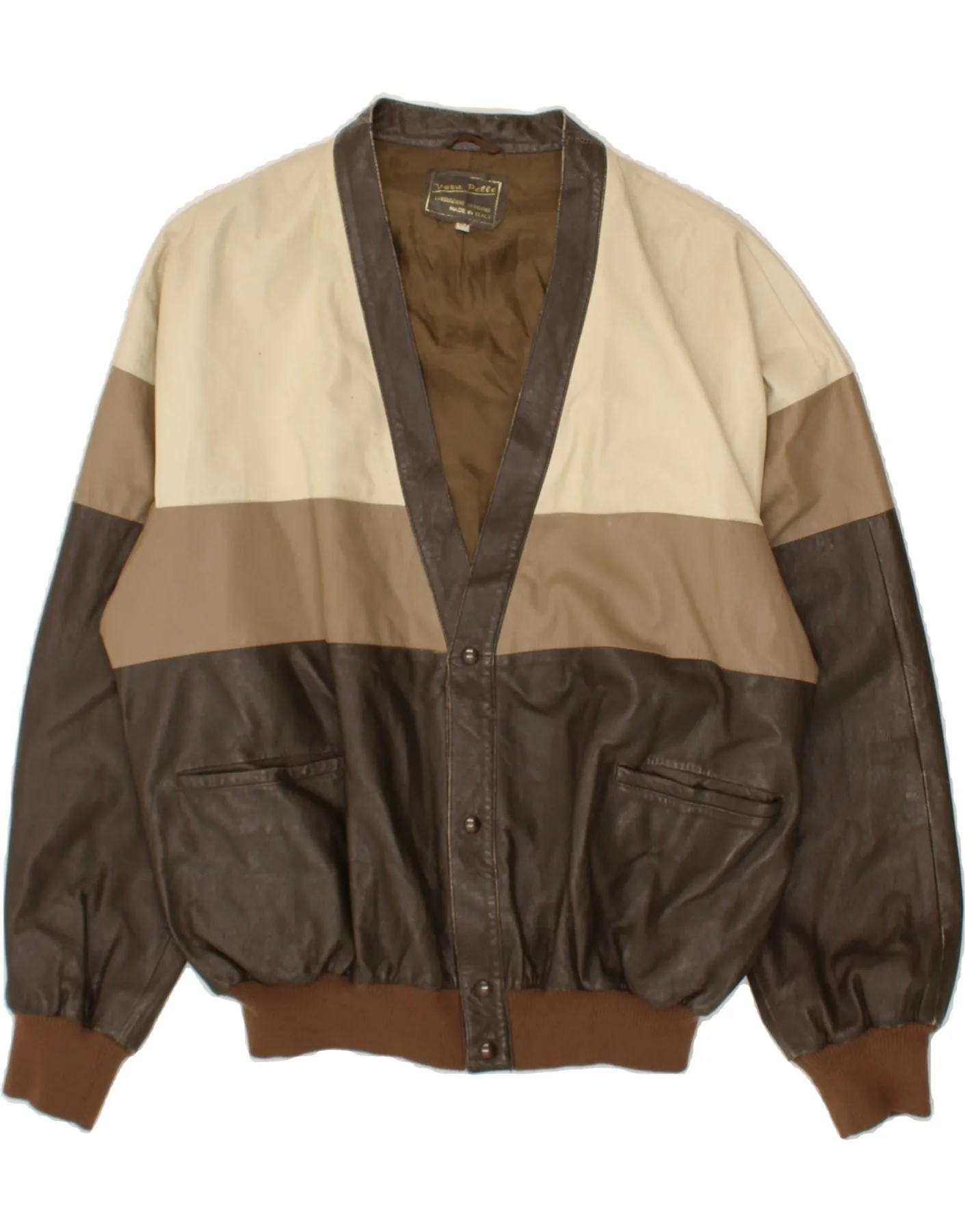 CONBIPEL Mens Bomber Leather Jacket IT 50 Large Brown Colourblock