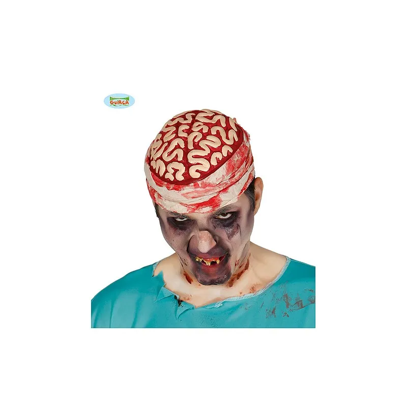 COPRICAPO CERVELLO UMANO IN GOMMA CON BENDE INSANGUINATE 32CM PER TRAVESTIMENTI DI HALLOWEEN E PARTY A TEMA HORROR