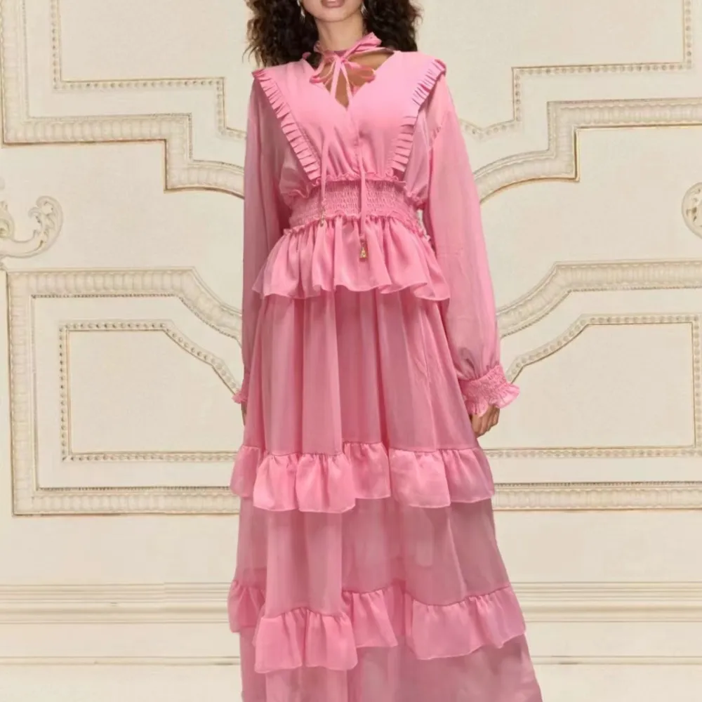 E 2023 abito lungo da donna con cuciture a strati in materiale chiffon nuovo stile autunnale 2023