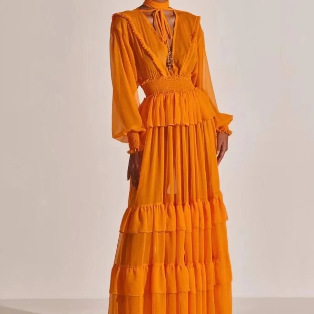 E 2023 abito lungo da donna con cuciture a strati in materiale chiffon nuovo stile autunnale 2023