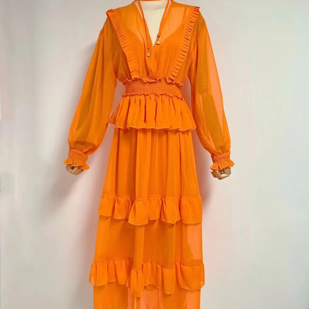 E 2023 abito lungo da donna con cuciture a strati in materiale chiffon nuovo stile autunnale 2023