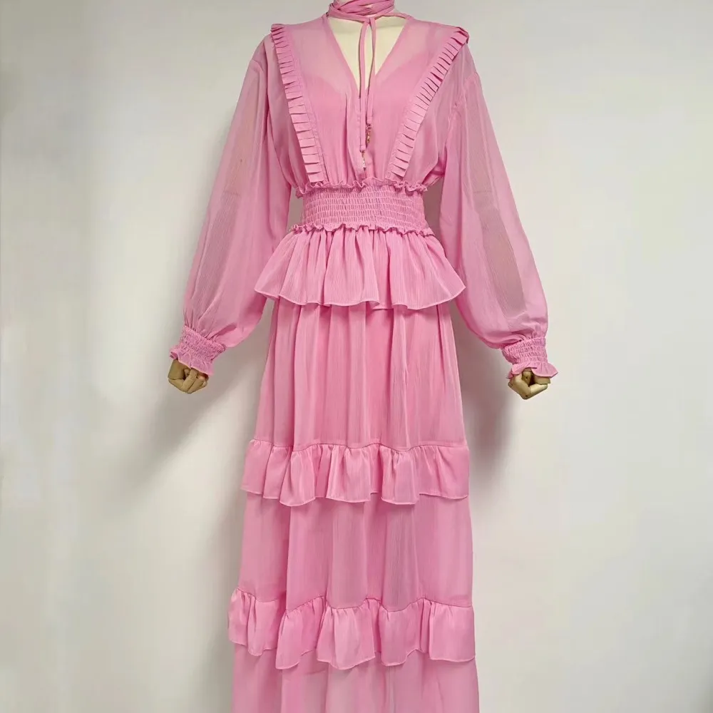 E 2023 abito lungo da donna con cuciture a strati in materiale chiffon nuovo stile autunnale 2023