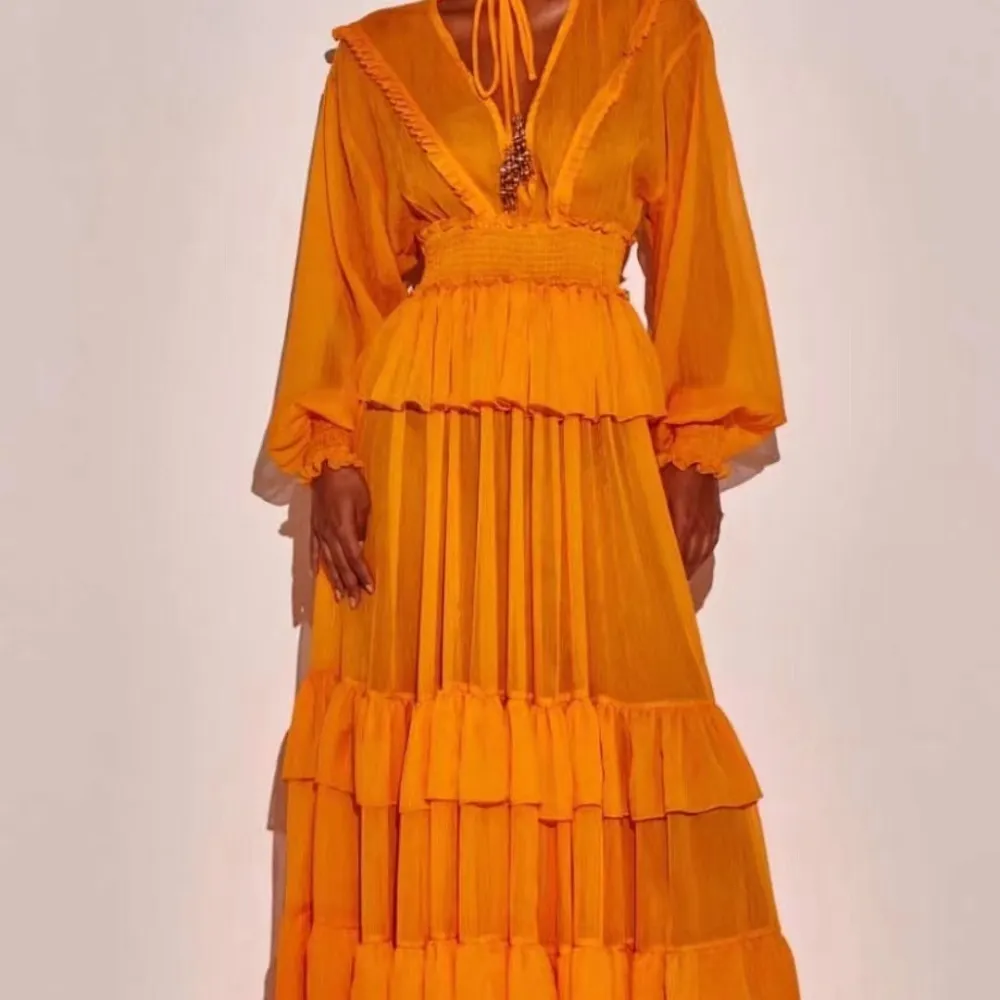 E 2023 abito lungo da donna con cuciture a strati in materiale chiffon nuovo stile autunnale 2023