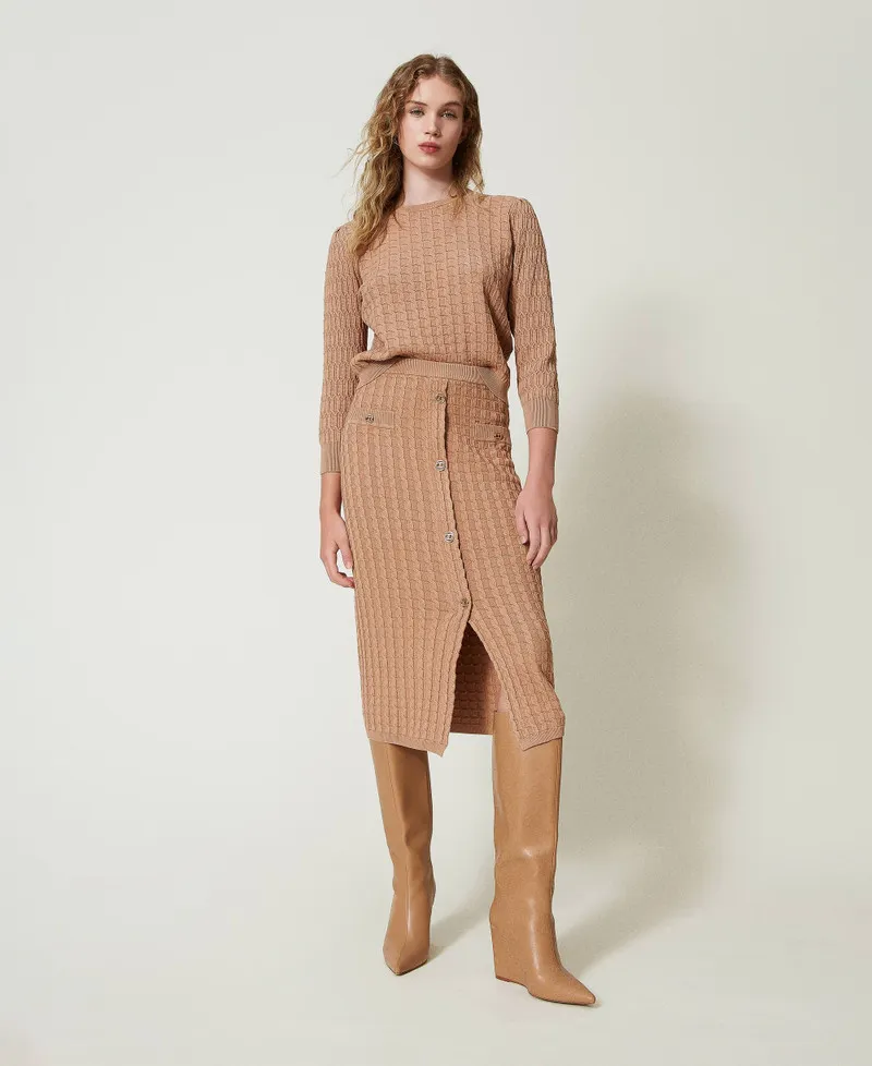 Gonna longuette fitted in maglia con bottoni