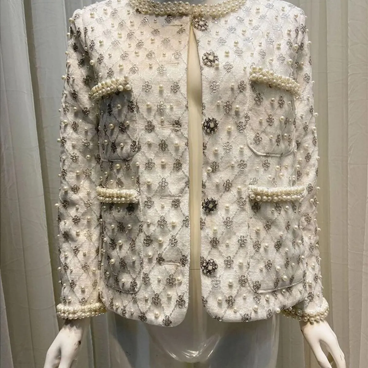 High Street Newest 2023 Fashion Designer Jacket Giacca da donna con girocollo in perle e diamanti