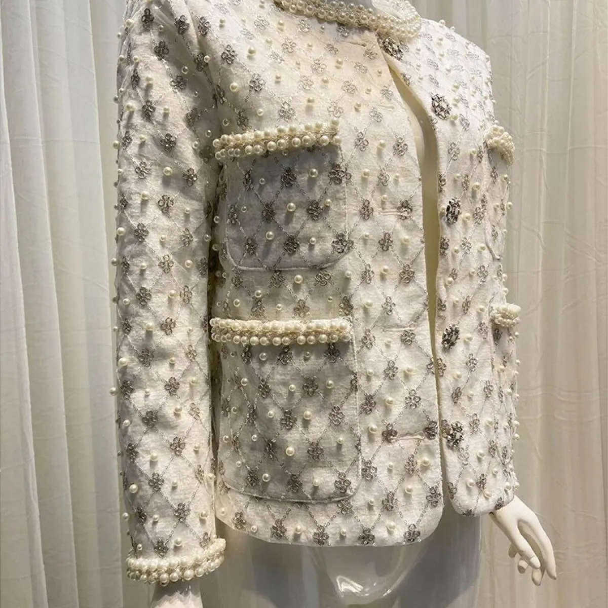 High Street Newest 2023 Fashion Designer Jacket Giacca da donna con girocollo in perle e diamanti